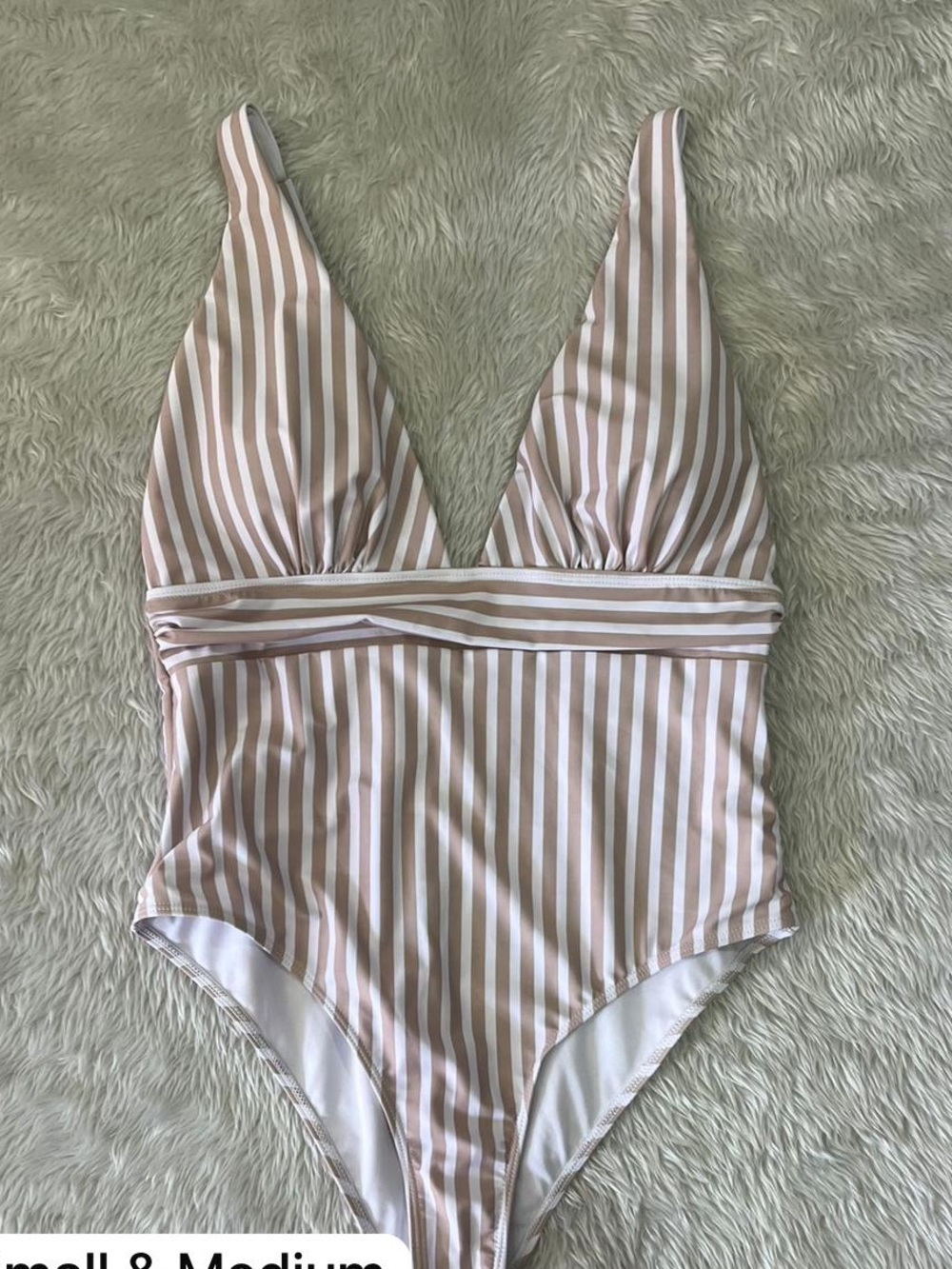 Striped V-Neck One-Piece Swimsuit in Beige and White